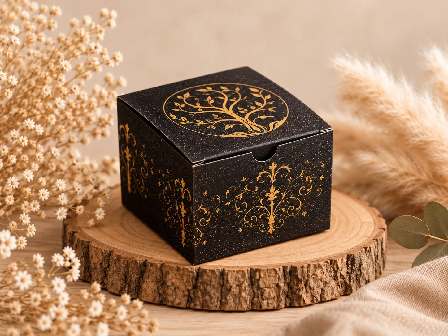 Boîte noire personnalisée avec motifs dorés et arbre décoratif