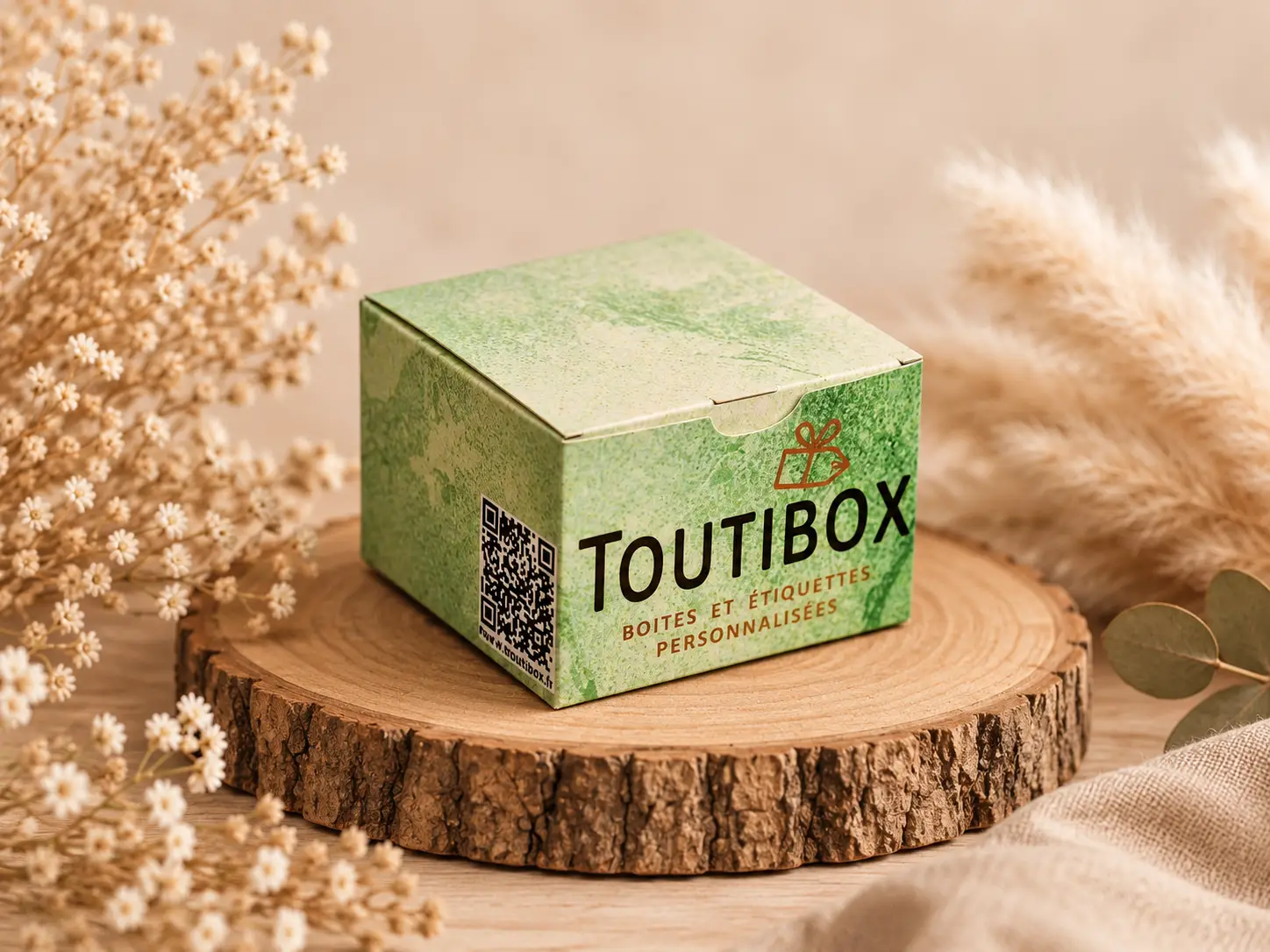 Boîte personnalisée Toutibox verte avec impression couleur sur support en bois