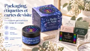 Boîte cosmétique personnalisée, pot avec étiquette et cartes de visite illustrant l’importance du packaging et de l’image de marque